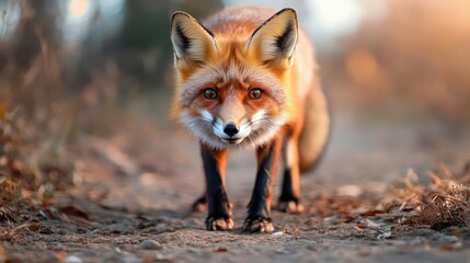 Aufkleber - A close-up of a red fox with frosted fur walking towards the camera on a path, illuminated by soft, warm light against a blurred background of muted brown and orange foliage