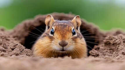 Poster - A close up shot of a chipmunk in its burrow, the chipmunk faces the camera with its head and shoulders visible. The burrow is made of dirt, and the background is blurred green