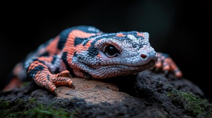 Aufkleber - Macro shot of a vibrant salamander with striking black and orange stripes, resting on mossy wood, set against a dark background. The detailed close-up showcases the reptile's intricate skin texture