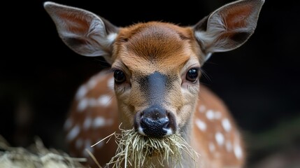 Poster - Close-up shot of a young sika deer with white spots, its face dominating the frame. The deer is eating hay, which it holds in its mouth. The background is dark, providing contrast and highlighting