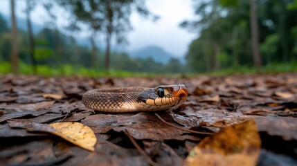 Poster - A close-up, low-angle shot of a snake on a forest floor covered in fallen leaves. The snake has dark and tan coloring, and the background includes trees and a misty mountain view, emphasizing the