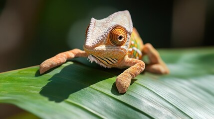 Poster - Close up shot of a chameleon perched on a green leaf, featuring its textured skin, vibrant colors, and unique features under natural lighting, creating a detailed portrait of this reptile in its