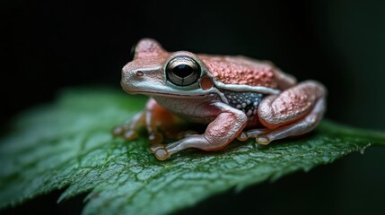 Aufkleber - A close up macro shot of a small brown tree frog with big eye, perched on a green leaf with intricate veins, against a blurred dark green background. The frog's skin has a spotted pattern
