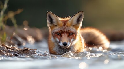 Aufkleber - A close-up shot capturing a vibrant red fox wading through shallow water, its fur glistening with moisture. The background is soft and green, enhancing the fox's striking presence in its natural