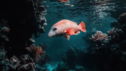 Poster - Underwater shot with a grey and orange fish as a focal point, swimming amidst vibrant coral reefs. The composition is set against a dark teal backdrop, highlighting the contrast and colors of the