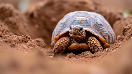 Poster - Detailed eye-level shot of a tortoise emerging from a sandy hole. Its patterned shell and textured skin are in sharp focus against the blurred earthen tones of the sand, highlighting the reptile's