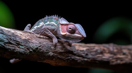 Leinwandbilder - A detailed, close-up captures a chameleon perched on a branch, showcasing its textured skin with green, red, and gray hues. The dark background highlights the reptile's intricate patterns and the