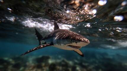 Aufkleber - Underwater shot of a shark swimming in the ocean with sunlight filtering through the surface. The shark is the main focus, with a blurred background of coral and sea life. The water is clear with a