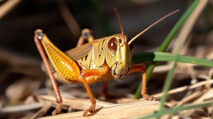 Poster - Close-up shot of a vibrant orange grasshopper perched on dry grass and foliage. The insect is illuminated by natural sunlight, showcasing intricate details of its exoskeleton in a grassy environment