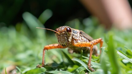 Poster - A close up image of a grasshopper shows its intricate details and textures while it's standing on a vibrant green lawn. The soft, natural lighting highlights the insect's features