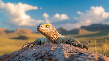 Poster - A detailed close-up shows a lizard perched on a rock, set against a backdrop of grassy plains and distant hills under a partly cloudy sky. The lizard is the focal point, highlighted by warm lighting