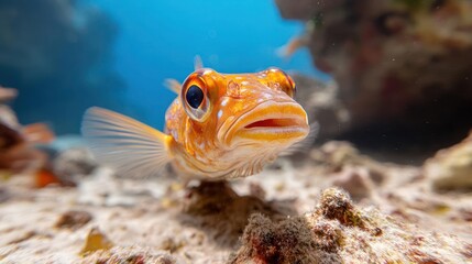Poster - A close-up shot captures a bright orange fish with blue spots swimming near the sandy ocean floor, surrounded by rocks and aquatic plants. The sunlight creates a vibrant and serene underwater scene
