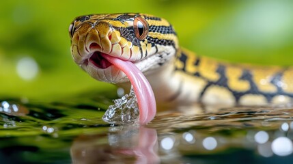 Aufkleber - Close-up of a yellow and black snake, possibly a ball python, with its tongue sticking out, set against a blurry green background. Bubbles of water add to the dynamic scene