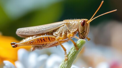 Aufkleber - Macro shot of a brown grasshopper perched on a vibrant green stem, surrounded by blurred floral background featuring white and orange flowers. The insect's textured body and detailed anatomy are