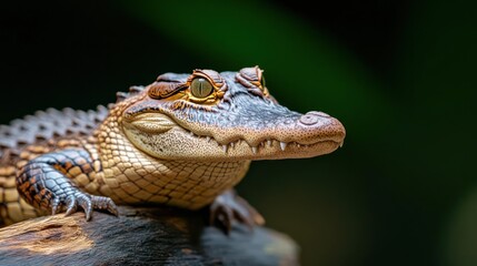 Aufkleber - Close up shot of a Caiman crocodile resting on a log in a dark environment with greenery visible in the background. The reptile has distinctive brown and tan scales, and its head is prominently