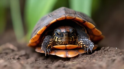 Poster - Close-up shot of a wood turtle in its shell against a soft-focus green and brown backdrop. The turtle faces the camera, showcasing its detailed facial features and the intricate patterns of its