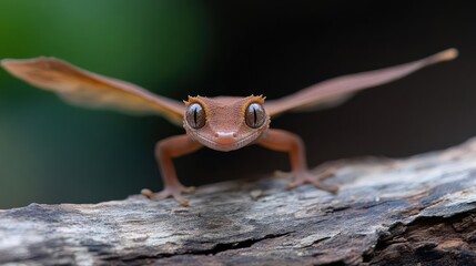 Poster - Close-up shot of a brown gecko perched on a textured tree branch, its large eyes staring directly into the camera and wings outstretched, against a blurred green background
