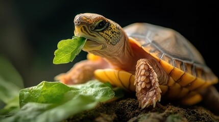 Poster - A close-up captures a radiant yellow turtle amidst a serene, dark backdrop, it's adorned with a patterned head and shell, it relishes a vibrant green leaf, perched upon a verdant mossy surface