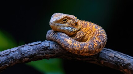 Poster - Close up capturing a small orange lizard perched gracefully on a branch against a blurred dark background. The lizard's textured skin and relaxed posture highlight the beauty of wildlife. The