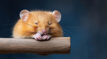 Poster - Close up portrait of a golden dormouse resting on a branch, eyes closed, against a dark blue background. The dormouse is small, furry and its paws are resting on the branch