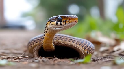 Poster - Close-up shot captures a snake emerging from a burrow, showcasing its scales, yellow neck, and head in a natural outdoor setting with blurred green foliage in the background
