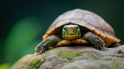 Poster - Close-up studio shot of a brown turtle with a yellow face on top of a rock covered with moss. Soft natural lighting accentuates the turtle's shell texture and colors with blurred green background