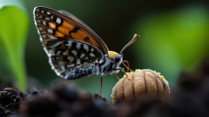 Poster - A vividly detailed close-up showcases a butterfly with speckled orange and dark wings delicately perched on a textured, tan surface, possibly a seed. Shot on dark soil with a new sprout against a