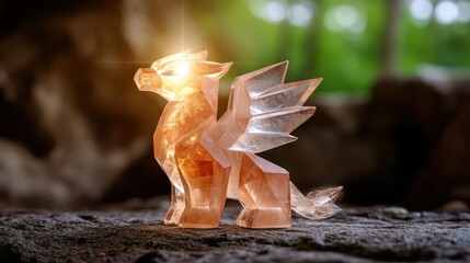 Aufkleber - A clear, crystal dragon figurine stands prominently in a soft-focus outdoor setting. Light glistens off the dragon's faceted body, emphasizing its geometric shape and transparent material against the