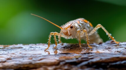 Poster - Macro photograph of a bush cricket nymph, showcasing its intricate patterns and orange accents on a wood surface with a blurred green background, highlighting its delicate features and natural