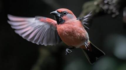 Poster - A reddish bird with a black head is in mid-flight against a dark, blurred background of foliage. The bird's wings are outstretched, showcasing pinkish-red feathers, captured in a dynamic