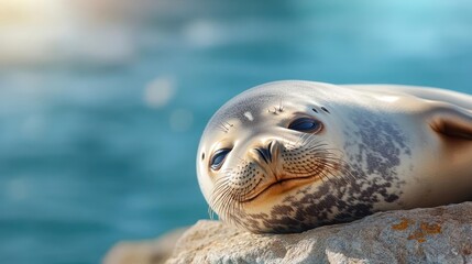 Aufkleber - Close up of a spotted seal lounging on a gray rock with a serene blue ocean background. The seal has a smooth, wet coat and expressive eyes. The lighting highlights the texture of the rock and the