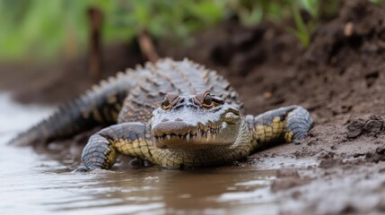 Aufkleber - A broad snout caiman resting in the muddy bank of a river or stream, with a dense green background creating a wild, natural habitat. The caiman's scales and strong posture capture its strength and