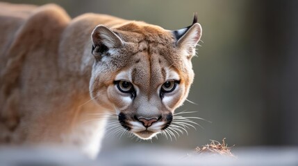 Aufkleber - Close-up portrait of a majestic cougar with a tan coat, focused intense expression and piercing eyes against a blurred natural background, showcasing its power and beauty in the wild