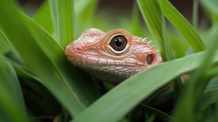 Poster - A close-up captures a bearded dragon lizard amidst lush green grass. The lizard, with its textured skin and prominent eyes, peers out from the foliage, blending with the vibrant greenery