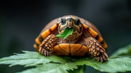 Poster - Close-up shot of a Wood Turtle with its vibrant orange and brown shell, perched on a lush green leaf with a dark, blurry background. The turtle holds a green leaf in its mouth, adding a touch of