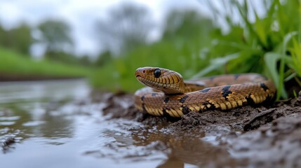 Poster - A close up shot shows a brown snake with black bands coiled on muddy ground near water, with green grass visible in the blurred background, captured in soft, natural lighting