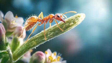 Aufkleber - Macro shot of an ant crawling on a stem of a plant with white flower blossoms. The ant is light brown with visible hairs and a shiny exoskeleton. The background is a soft blue-green bokeh