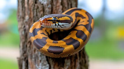 Poster - Close-up of a ball python with yellow and black markings coiled around a tree trunk. The snake's head is facing the camera, showcasing its intricate patterns and colors. The background features soft