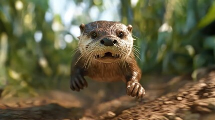 Poster - Close-up shot of an otter with a surprised expression, showcasing its brown fur, small ears, and whiskers, set against a backdrop of green leaves and blurred brown ground, capturing its playful and