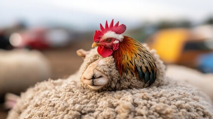 Poster - A fluffy sheep with a vibrant rooster perched atop its back creates a comical contrast. Shot with shallow depth of field, soft colors, blurry cars, and outdoor setting