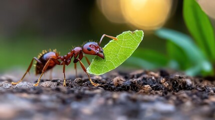 Poster - Close-up macro shot of an ant carrying a vibrant green leaf. The ant, with its reddish-brown exoskeleton, is positioned on a rough surface. A blurred background suggests natural outdoor lighting and