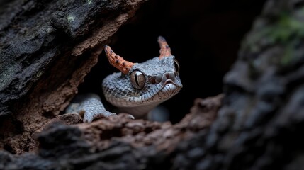 Leinwandbilder - Close-up of a knob-tailed gecko with distinct orange horns on its head, emerging from a dark hole in a tree trunk. The gecko's skin is textured with gray and white scales. Shot with focus on the