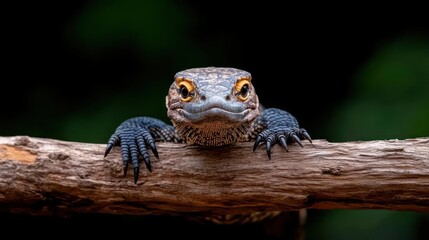 Leinwandbilder - Captivating close up of a lace monitor lizard clinging to a branch, its eyes locked on the viewer. The textures of its patterned skin contrast beautifully with the smooth branch, all set against a
