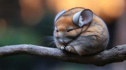 Poster - A charming close up shot captures a curled up dormouse, its soft brown and beige fur blending with the weathered branch it rests upon. The dreamy bokeh background hints at an enchanting forest