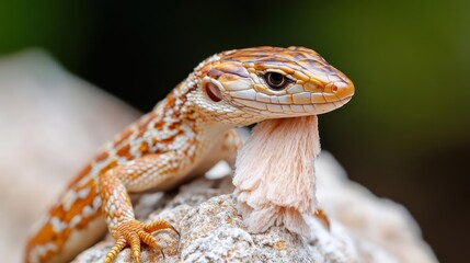 Poster - Close up shot of an orange and white striped lizard resting on a rock. The lizard is in focus with a blurred green and black background