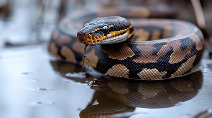 Poster - Close up of a coiled black headed python in shallow water with reflective water surface. The snake has distinctive black and brown patterned skin, small head, and is positioned to the left of the