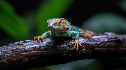Poster - Striking close-up showcases a vibrant lizard perched on a glistening branch against a blurred verdant backdrop, highlighting the reptile's intricate patterns and colors in natural lighting