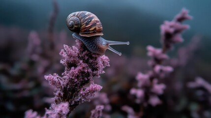 Poster - Close-up shot of a snail with a brown speckled shell crawling on a textured purple plant with a blurred greenish background, highlighting nature's details and tranquility