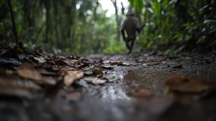 Poster - Low angle shot captures a muddy path in a lush green forest with scattered leaves and a blurred primate figure in the distance, evoking a sense of nature and wildlife in a serene outdoor environment