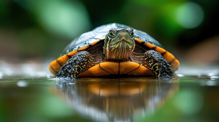 Poster - Front view shot of a yellow bellied turtle with a black shell, resting in shallow water with a blurred, green and out-of-focus background with the reflection of the turtle in the water